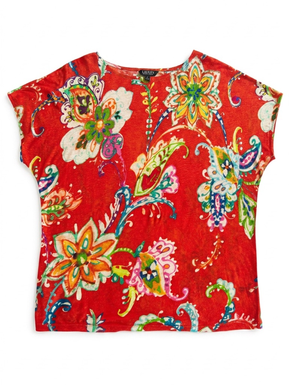 Lauren Ralph Lauren Red Floral Paisley 100% Linen Sleeveless Top Large